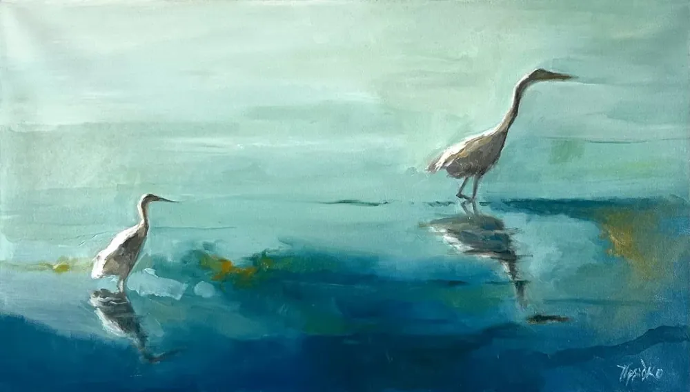 Herons — Sofia Priadko, oil on canvas, 40 × 70 cm