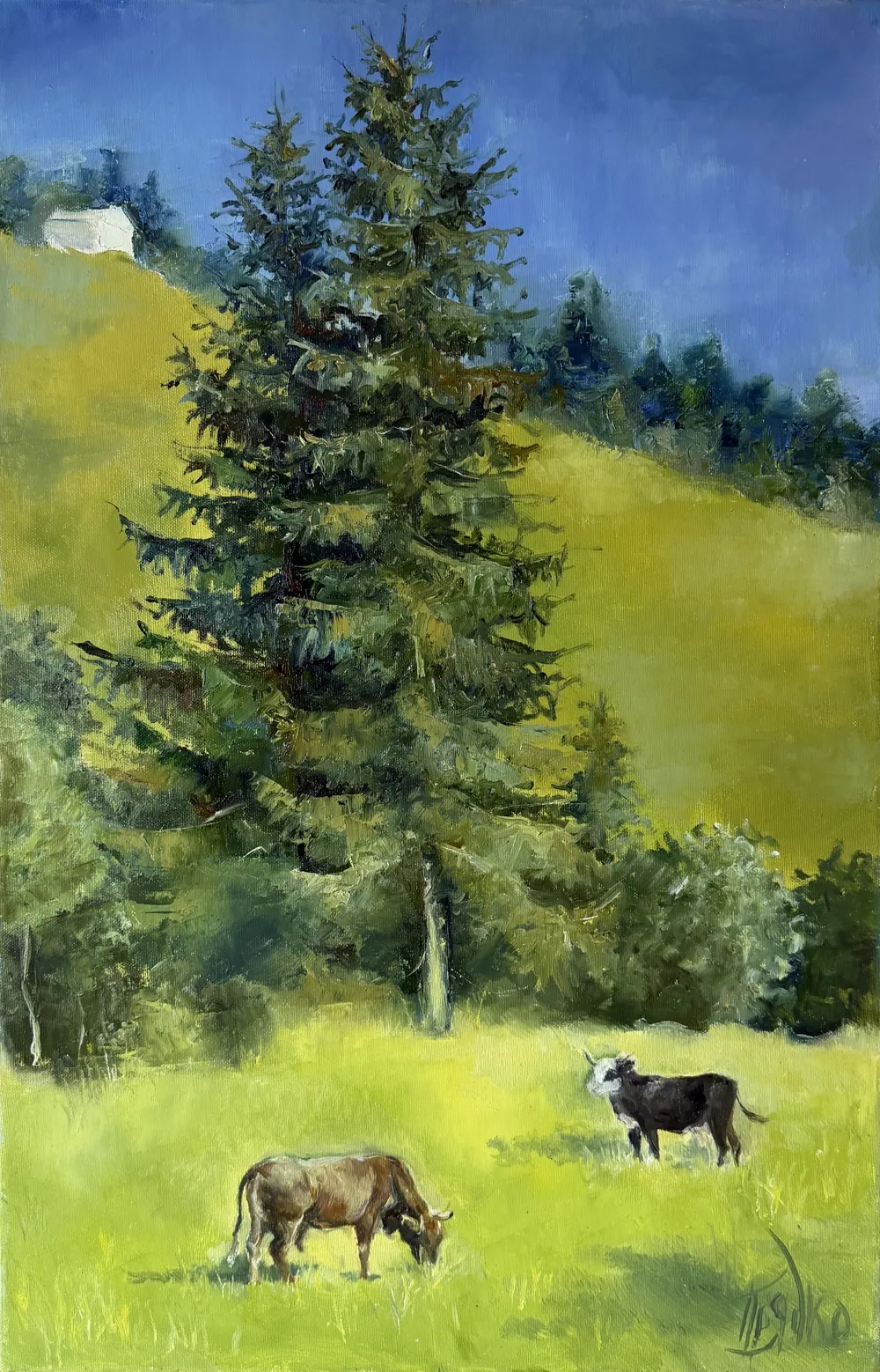 Hutsul cows — Sofia Priadko, oil on canvas, 45 × 70 cm