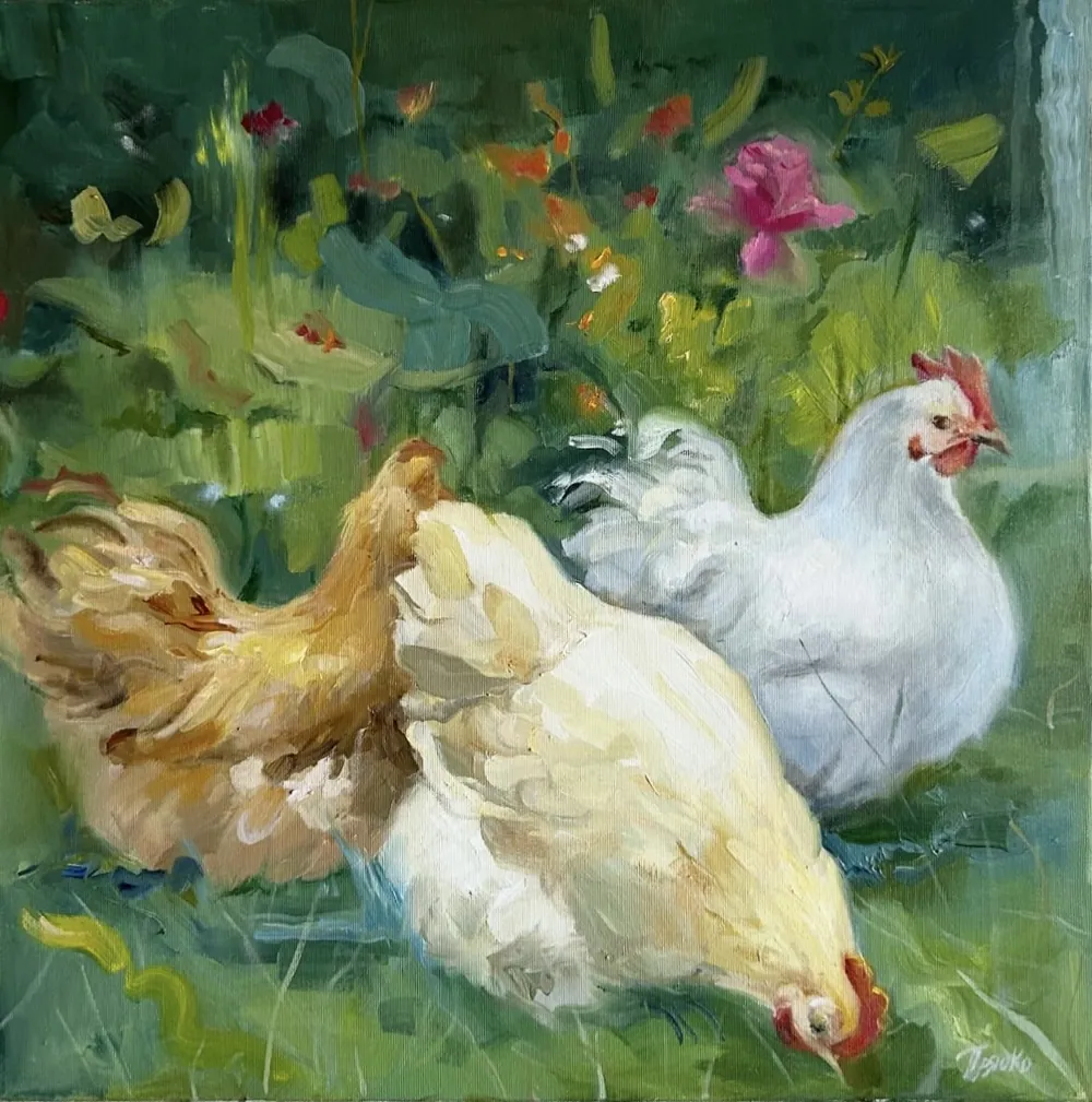 Chickens — Sofia Priadko, oil on canvas, 50 × 50 cm